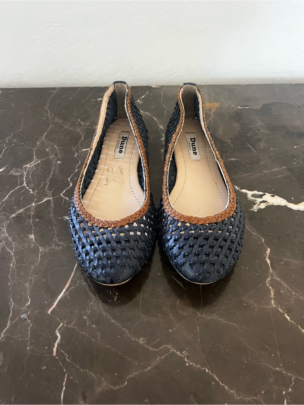 Dune London Navy Woven Flats‎ with Brown Trim